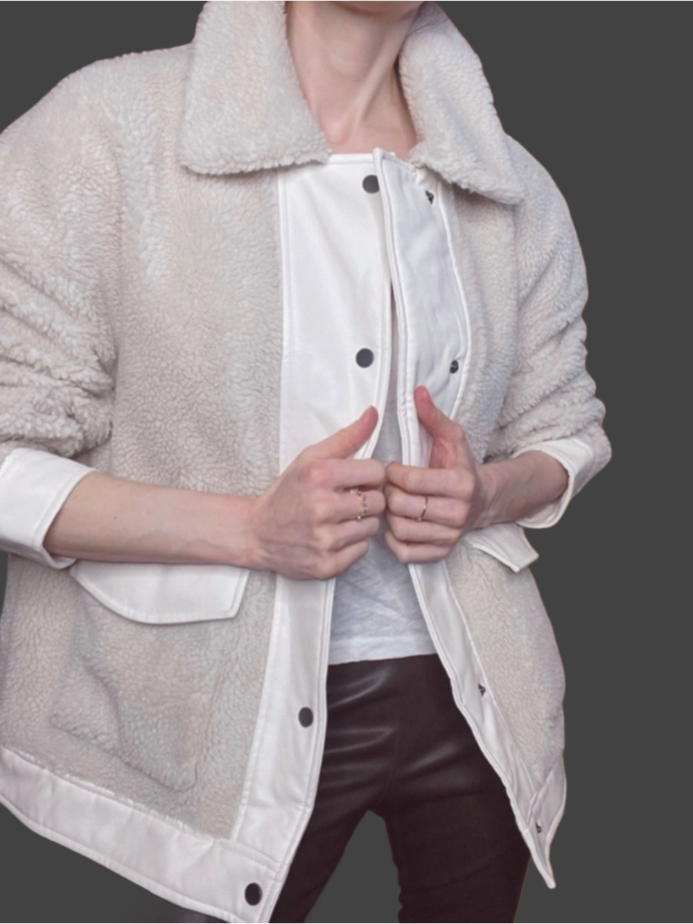 MANGO Cream White Ecru Oversized Sherpa & Faux Leather Shearling Textured Jacket